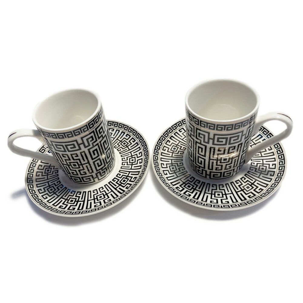2 Sets of NEW B/W Greek Key Design Bone China C&S 2-Piece Espresso Sets w/Gold …